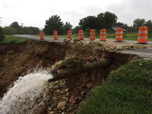 McAllester Lane was compromised on August 27th, 2017 by instability of excavation near the roadway due to the amount of rainfall received in the previous 24-hour period. Photo: KXXV