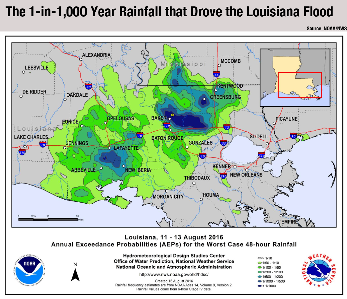 Map Louisiana annual exceedance for the worst (rarest) 48hour