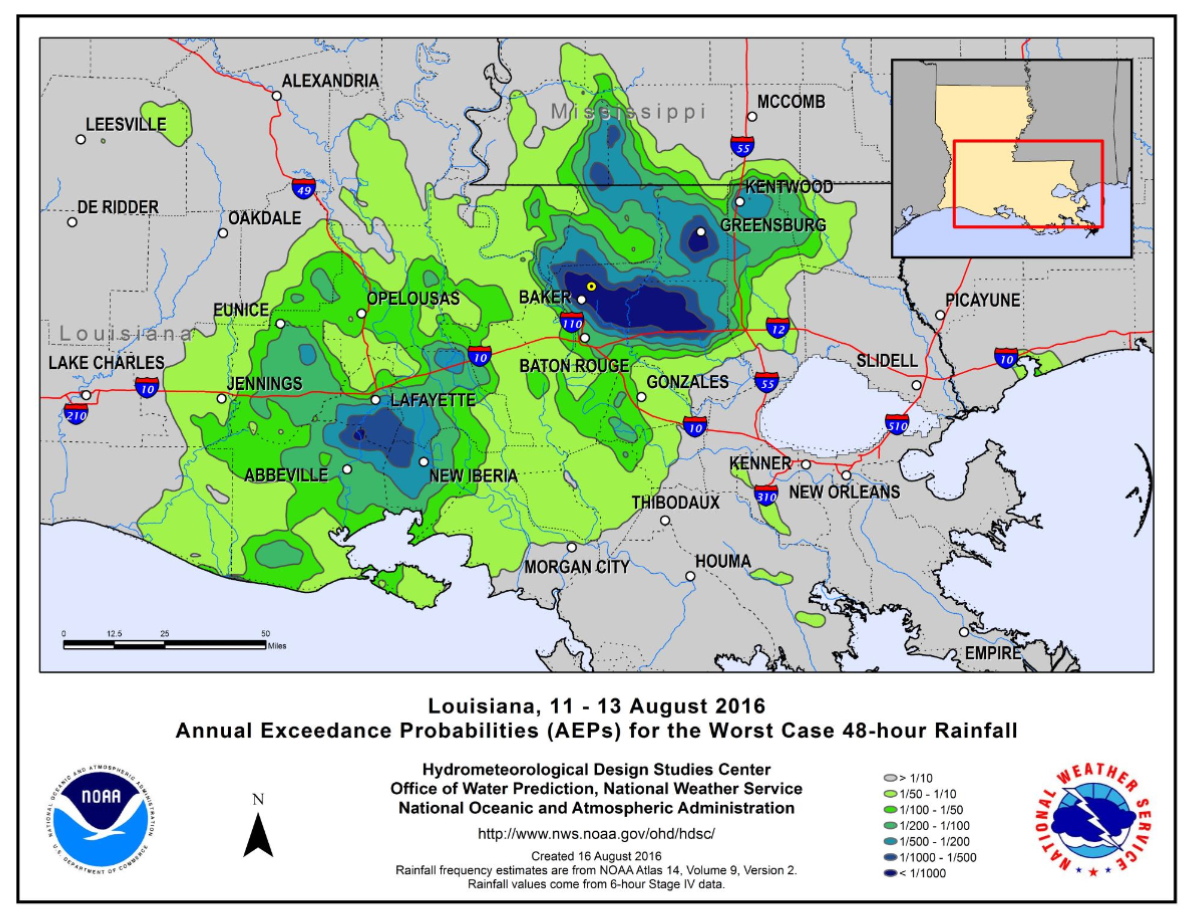 Map Louisiana annual exceedance for the worst (rarest) 48hour
