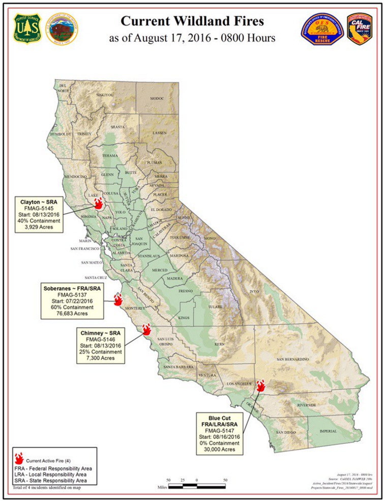 Map Blue Cut Fire more typical of Fall wildfires, driven by Santa Ana winds Climate Signals