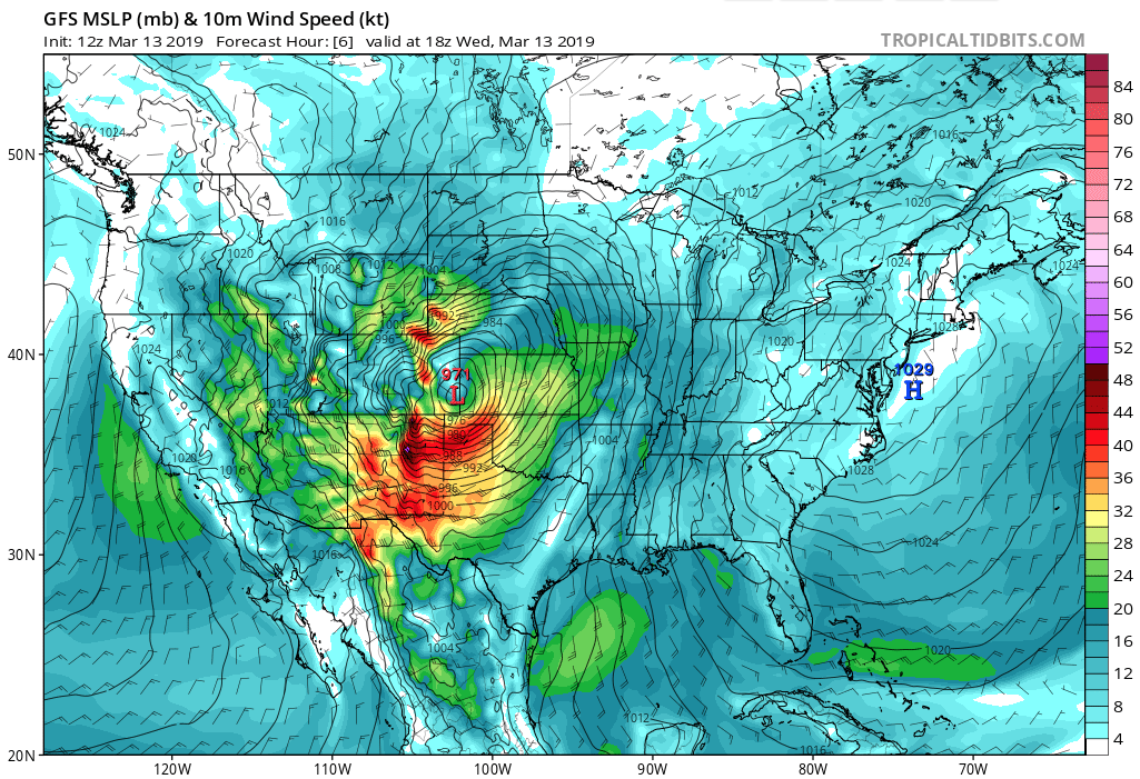 Forecast Mean Sea Level Pressure and 10 meter Wind Speed, March, 13