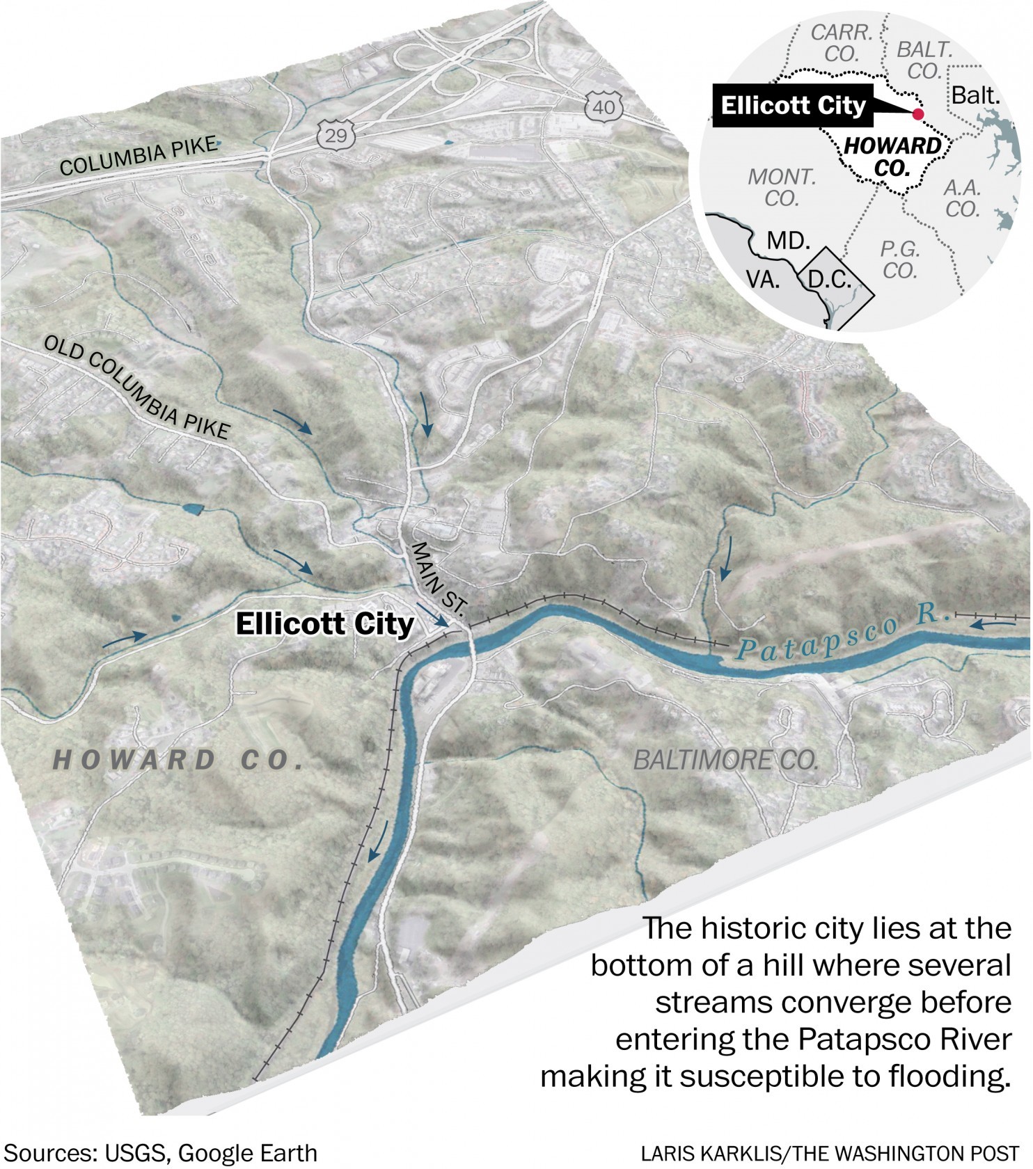 Map Ellicott City lies at the bottom of a hill where streams converge