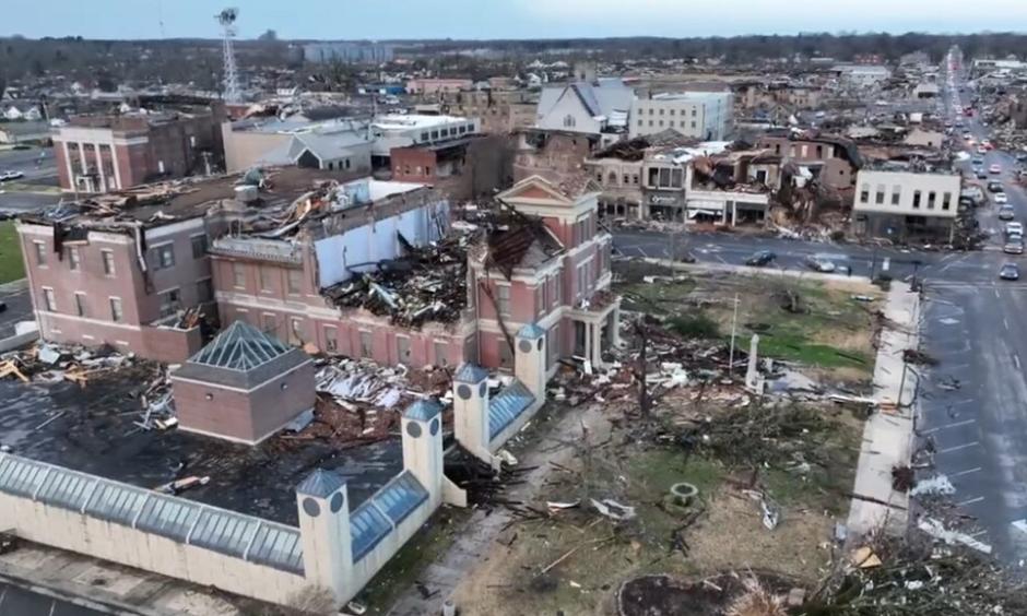 The ruins of the 1888-89 courthouse after an F4 tornado cut a 230+mile path across southwestern Kentucky on December 10, 2021. This image is from drone footage shot by KY State Senator Whitney Westerfield.
