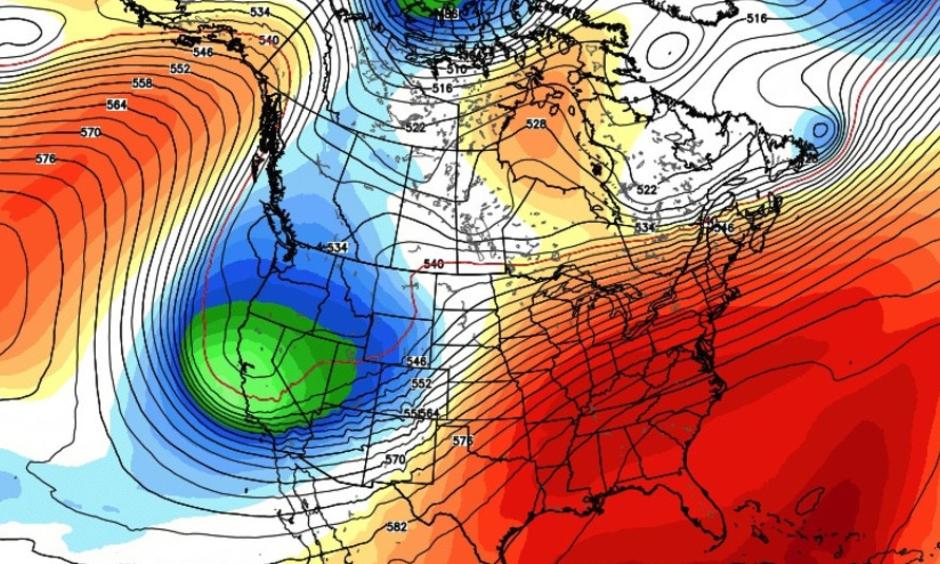 Projection of temperature anomalies for December 25, 2015, showing a huge area of unusual warmth in the eastern U.S. Image: Weatherbell Analytics