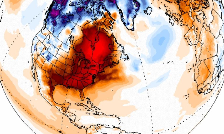 Temperature anomalies in degrees Celsius for Dec. 24, 2015, showing the large area of unusually mild weather across the U.S. and Canada. Image: Climate Reanalyzer