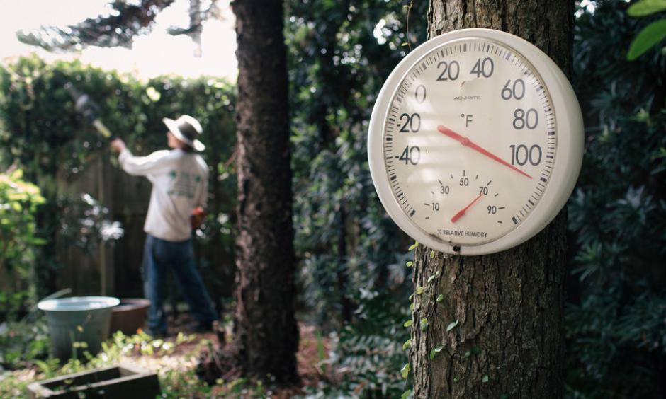 Mr. Guerra at work. Seasonal temperatures in coastal southeast Texas are about 1.5 to 2 degrees Fahrenheit warmer than they were in the early part of the 20th century, the state climatologist said. Photo: Alyssa Schukar, The New York Times