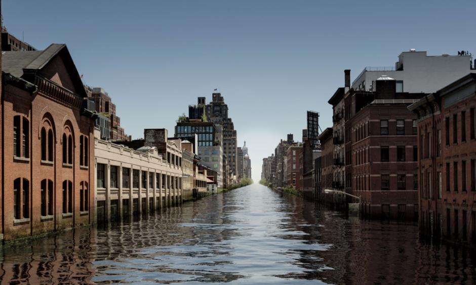 A speculative rendering showing what a hundred-year storm could briefly do to the Meatpacking District decades from now, when sea levels have risen several feet. Photo-illustration: MDI Digital