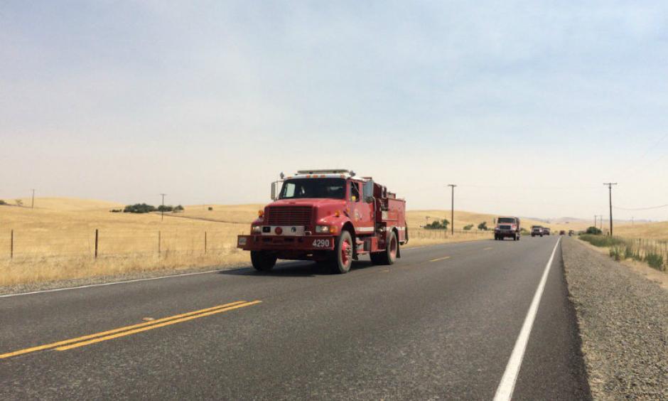 Trucks head toward the Detwiler Fire in Mariposa County on July 19, 2017. Photo: Bob Moffit, Capital Public Radio