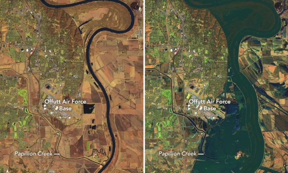 In the wake of an intense winter storm, historic floods have broken out across the central United States. By mid-March, several streams and rivers had risen to all-time record levels in Nebraska, Iowa, South Dakota, and Wisconsin. Photo: Joshua Stevens NASA Earth Observatory and the U.S. Geological Survey