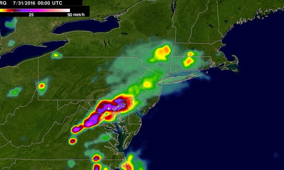This image shows instantaneous IMERG-estimated rainfall rates at 8 p.m. EDT on July 30, 2016. It depicts a strong band of heavy rain (an inch per hour in purple areas) extending east-west over north-central Maryland extending southwestward into northern Virginia. Image: Hal Pierce / NASA / JAXA