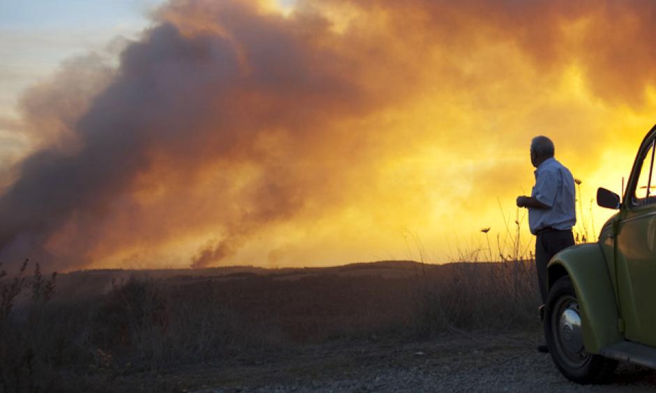 A man watches as smoke from a wildfire rises into the sky. Photo: Uriel Sinai, Getty Images