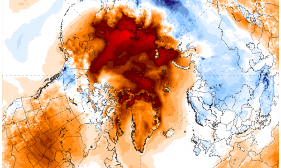 The temperature forecast on November 1, 2016 for the next five days in the Arctic shows unrelenting warmth, which will continue to slow sea ice growth. Image: Climate Change Institute