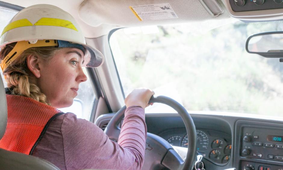 US Forest Service crew member and botanist Paris Krause drives through moderate and high-intensity burn areas one year after the Lake Fire in the San Bernardino National Forest on Wednesday, July 20, 2016. Photo: Susanica Tam, KPCC