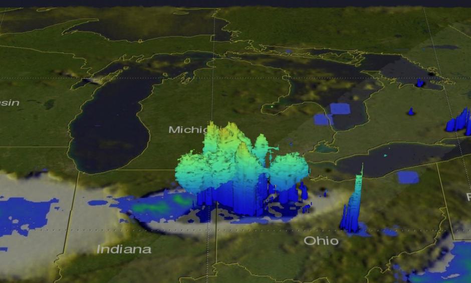 At NASA Goddard a GPM satellite 3-D view of the rainfall structure in July 10 storm showed that a few powerful thunderstorms had tops that were reaching altitudes above 9.1 miles (14.7 km) and rain falling at a rate of more than 2.5 inches (64 mm) per hour. Image: Hal Pierce, NASA/JAXA