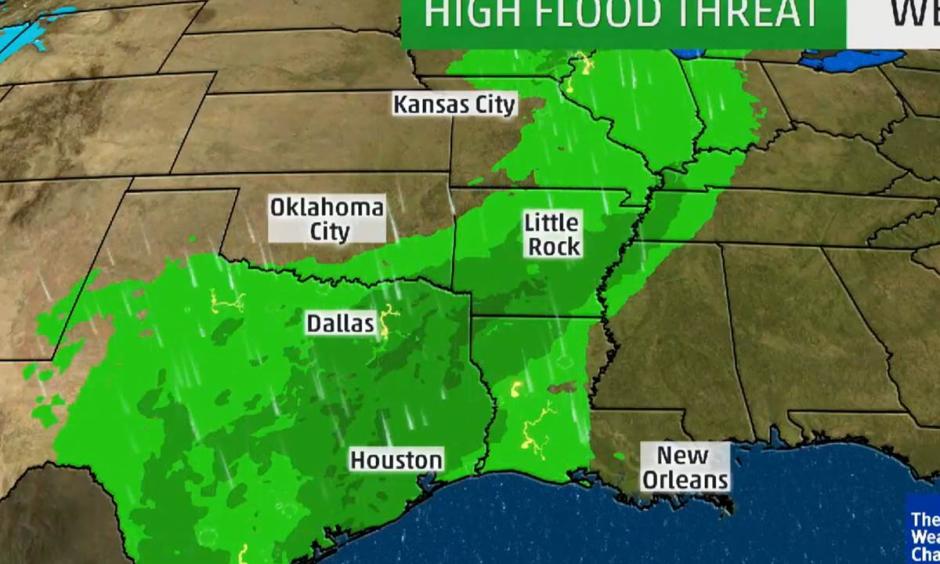 Parts of Texas, Louisiana and Arkansas were under a high-flood threat early Wednesday. Image: The Weather Channel