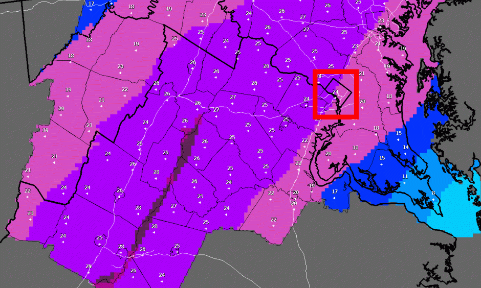 Snow forecast for Washington, D.C. and the surrounding area. Washington is inside the red box. Image: NWS Baltimore/Washington
