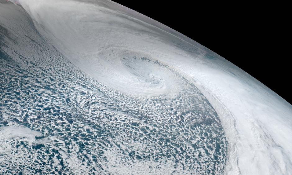 A powerful cyclone battered Adak, Alaska with Category 2 hurricane-force winds Saturday night. Image: JMA/RAMMB/CIRA