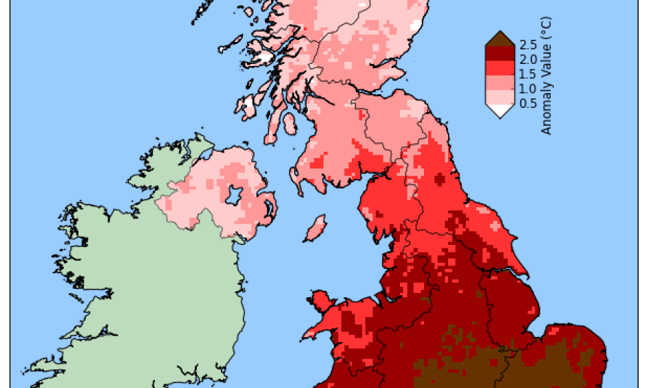 Provisional mean temperature anomaly (difference from average) map for Winter 2015/16 (December, January and February). Image: UKMet