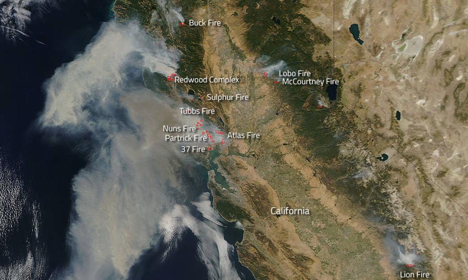 Imagery from NASA’s Earth-orbiting satellites showing vast extent of North Bay Fires earlier in October 2017. Image: NASA