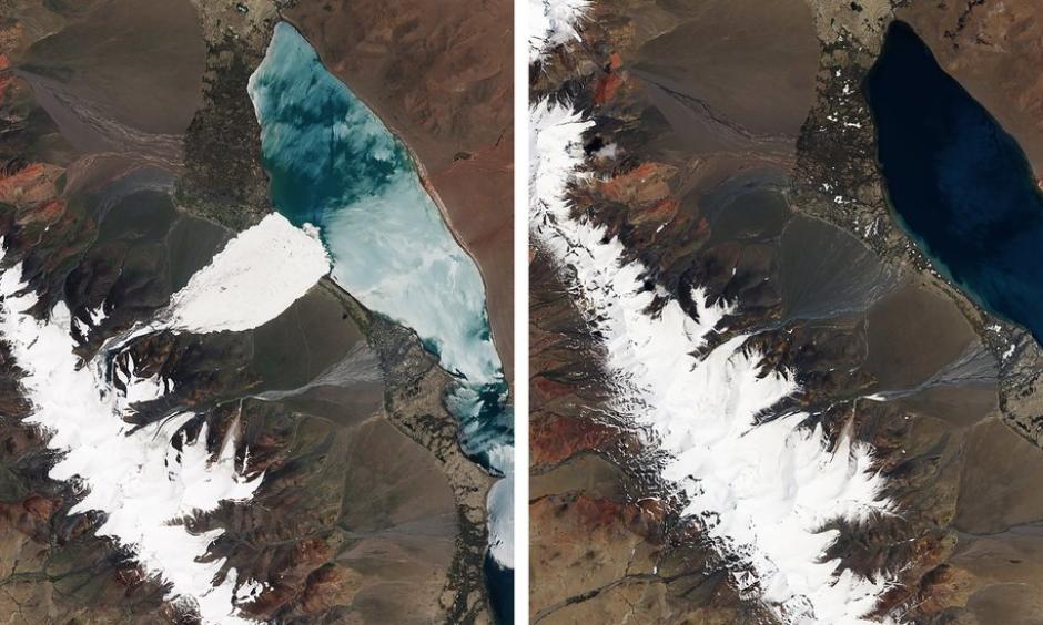 Another view from July 2016, left, showing the aftermath of one of the avalanches. The image at right is from June 2016, before both glaciers collapsed. Image: NASA Earth Observatory