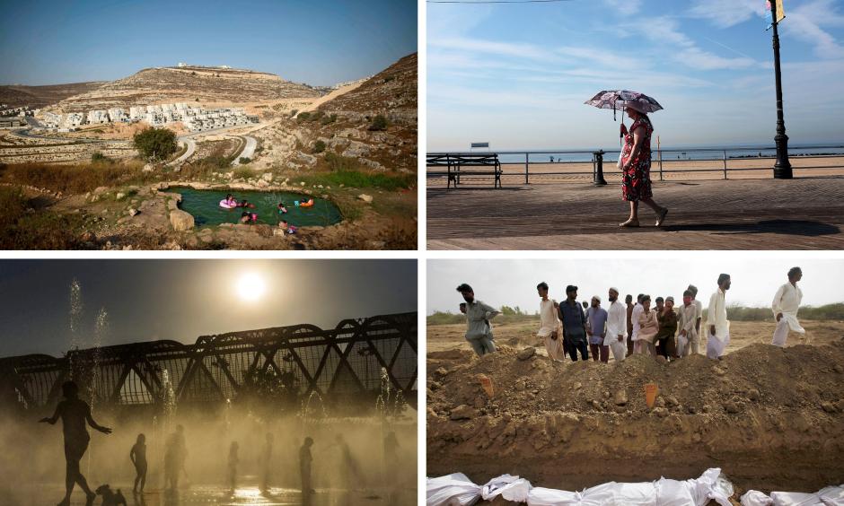 The first nine months of 2015 were the hottest since 1880. Clockwise from top left: a water spring north of Jerusalem; the boardwalk at Coney Island in New York City; a graveyard in Karachi, Pakistan; and a fountain in Madrid. Photos clockwise from top left: Abir Sultan, European Pressphoto Agency; Spencer Platt, Getty Images; Akhtar Soomro, Reuters; Emilio Naranjo, European Pressphoto Agency