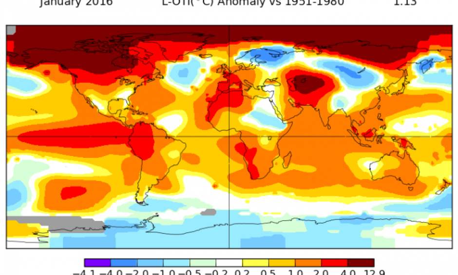 January 2016 temperatures across the globe. Image: NASA GISS