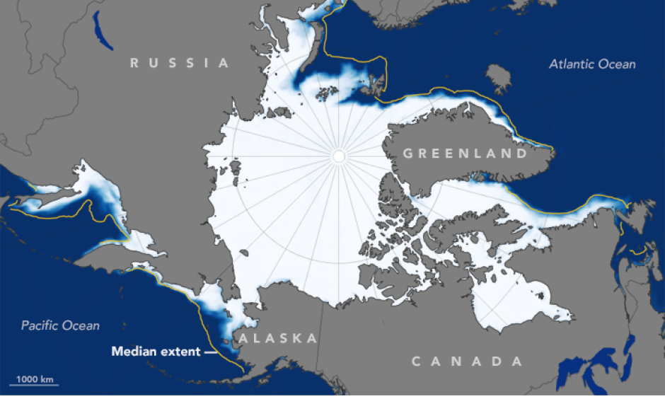 January Arctic sea ice extent. The orange line shows the 1981-2010 average. Photo: NASA Earth Observatory