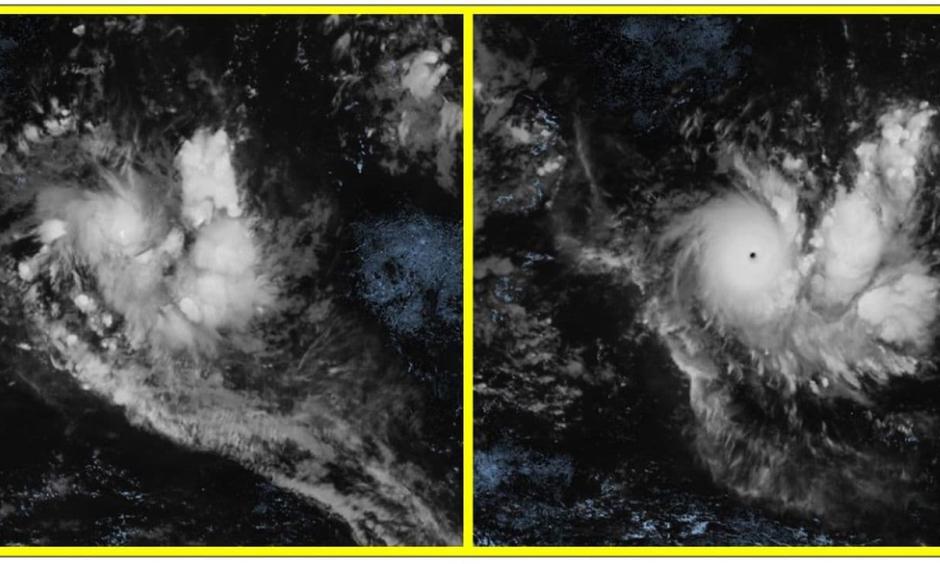 Tropical Cyclone Ambali on Thursday morning as a tropical storm (left) and 24 hours later on Friday morning as a Category 5-equivalent cyclone (right). Credit: CIRA/RAMMB/EUMetSat