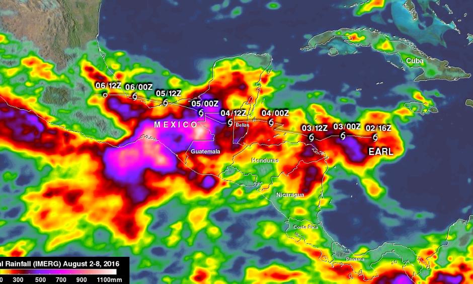 Earl's locations and intensities, as defined by the National Hurricane Center (NHC), are shown overlaid in white. Image: NASA/JAXA/Hal Pierce