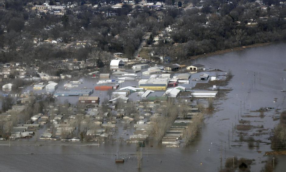 This March 17, 2019 photo released by the U.S. Air Force shows an aerial view of areas surrounding Offutt Air Force Base affect by flood waters in Nebraska. Photo: Tech Sgt Rachelle Blake, the U.S. Air Force via AP