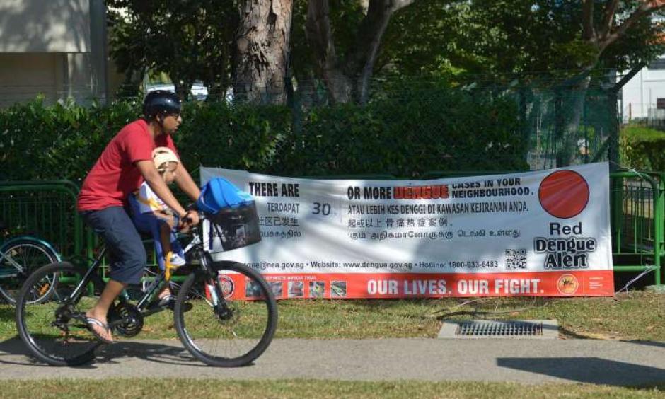 A man cycles past a dengue alert banner. Photo: Singapore Times
