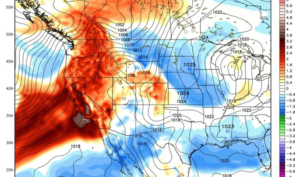 Modeled precipitable water anomalies show the flow of an atmospheric river that will bring rain and snow to California this weekend and early next week. Image: Weatherbell