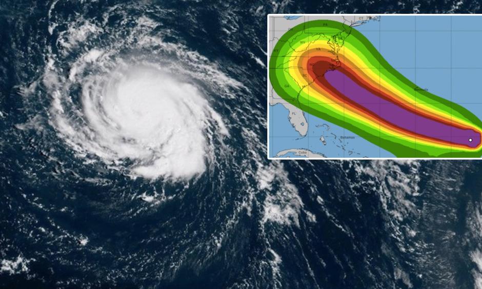 Hurricane Florence seen over the Atlantic Ocean on September 9, and a NOAA map shows the probability of tropical-storm-force winds hitting the US East Coast between Sunday and Friday. Images: NOAA