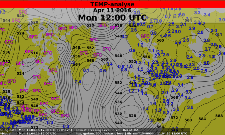 Map showing the unusual flow pattern over Greenland on Monday, 11 April 2016, 18 UTC. Lines (isohypses) connect points of equal height of the 500 hPa pressure level, a measure of the average temperature between surface and 5-6 km height. The coloured numbers give the freezing level (i.e. below which the temperature is above zero degrees; SFC means that this level is at the surface) in kilometers. Image: NWP-Model