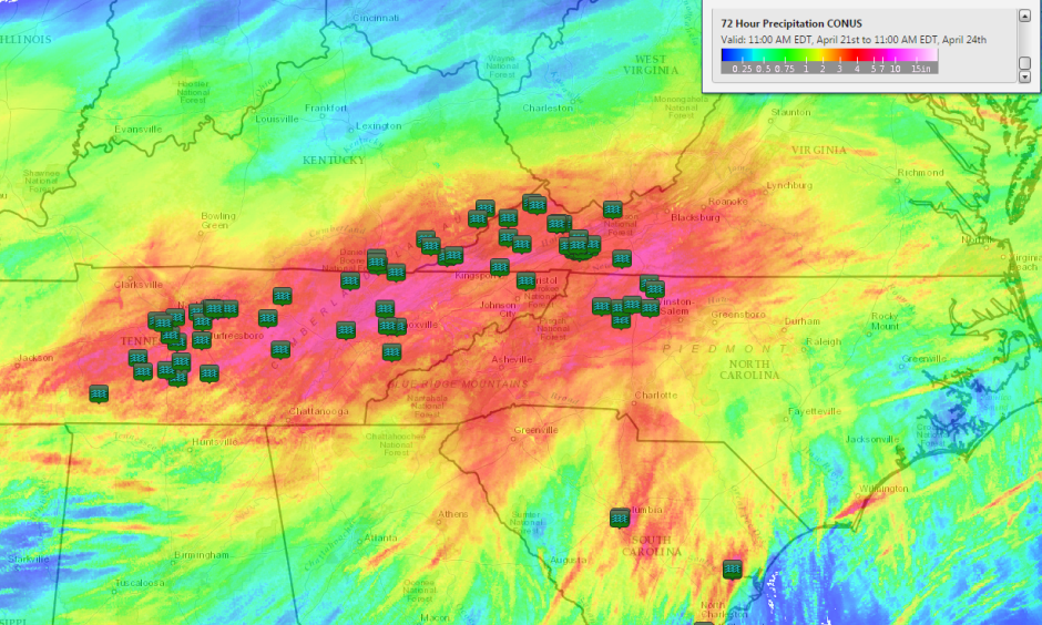 72 hour rain totals from April 22 at 8PM EDT to April 25 8PM EDT. Image: AccuWeather