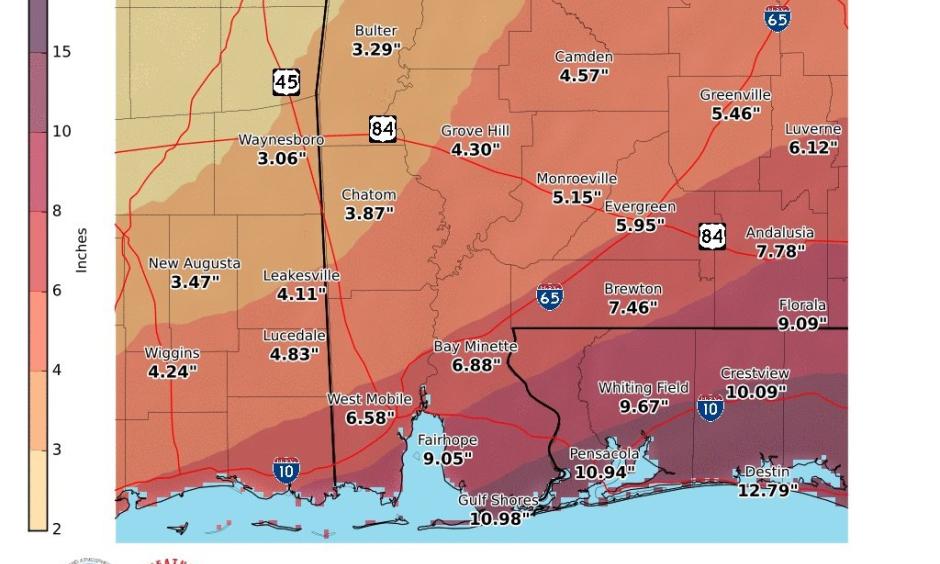 National Weather Service Mobile Alabama, August 6, 2016 Tuesday through Saturday storm rain total. Image: NWS
