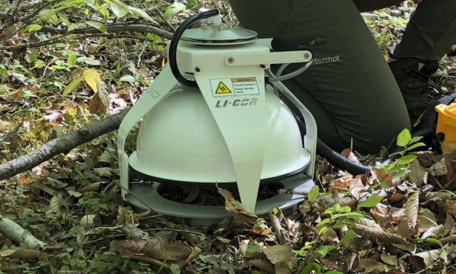 A device measuring the amount of carbon dioxide released into the air from the soil at the Smithsonian Environmental Research Center near Edgewater, Maryland. Photo: Benjamin Bond-Lamberty