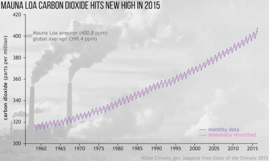 The rise of carbon dioxide levels in the atmosphere. Image: NOAA