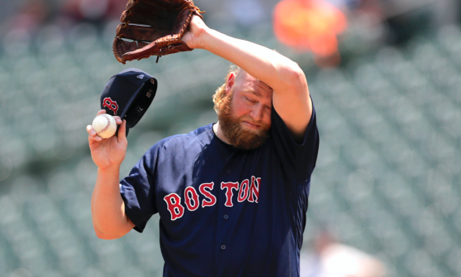 Boston Red Sox starting pitcher Andrew Cashner wipes sweat off his forehead on Sunday in Baltimore, where the National Weather Service says there is an "oppressive and dangerous" heat wave. Credit: Julio Cortez, AP
