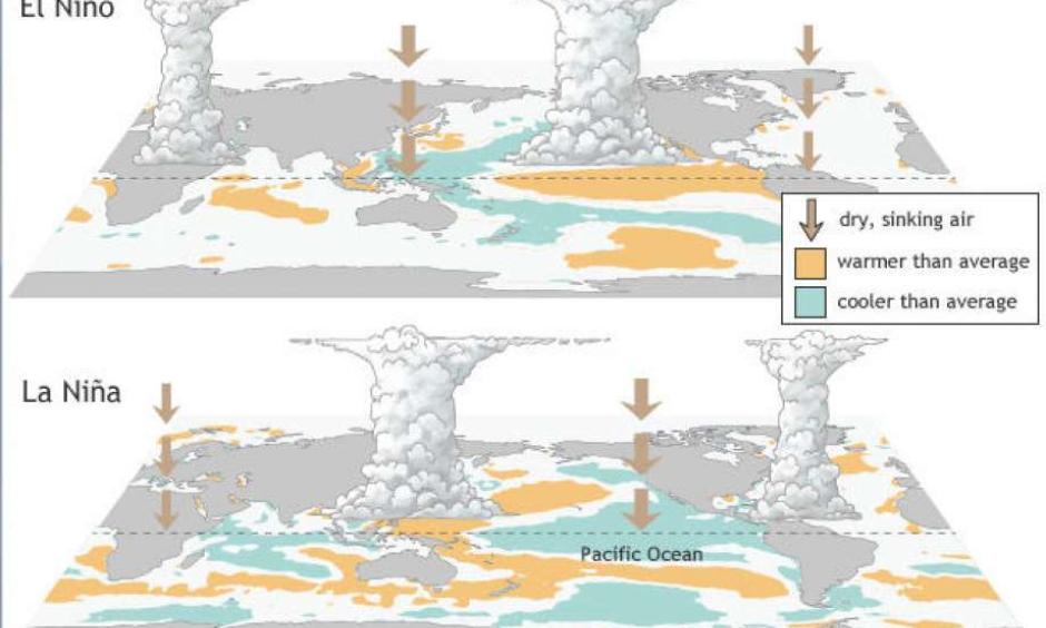 El Niño and La Niña are two halves of a fluctuating distribution of vapor and air currents around the world. Image: NOAA