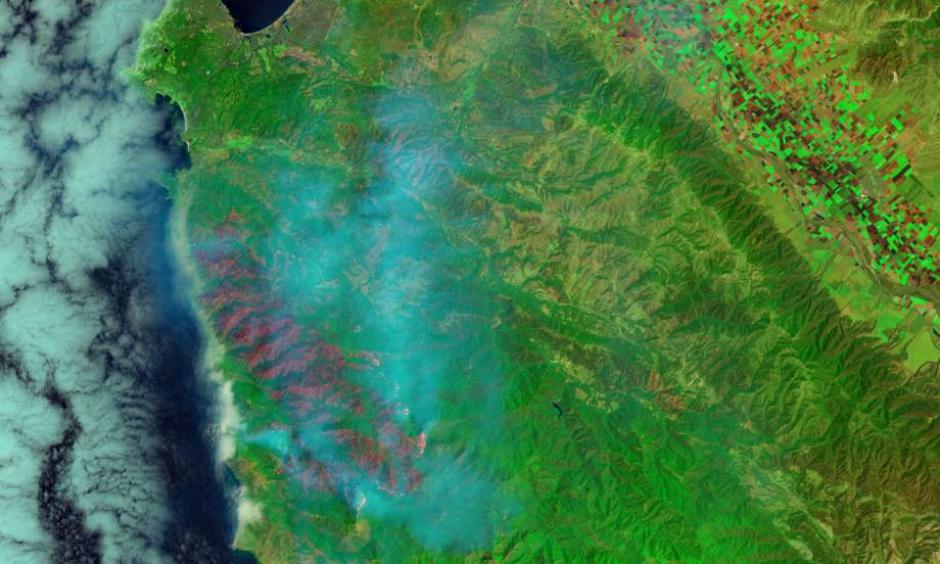 Smoke from the Soberanes Fires wafts eastward from the wildfire’s 43,400 burn scar in a photo from NASA’s Landsat 8 satellite. The fire was only 18 percent contained as of Tuesday. Photo: NASA