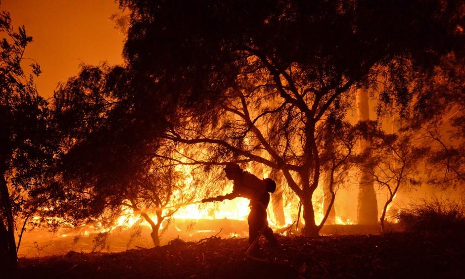 In this photo provided by the Santa Barbara County Fire Department, a firefighter knocks down flames as they approach a ranch near the Las Flores Canyon area west of Goleta, Calif., in the early morning hours of Thursday, June 16, 2016. The wildfire burning in rugged coastal canyons west of Santa Barbara is growing as it feeds on vegetation that hasn’t burned in 70 years. Photo: Mike Eliason/Santa Barbara County Fire Department via AP