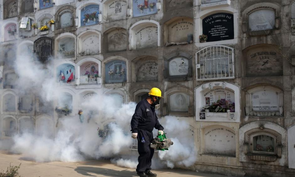 A health worker fumigates a cemetery to prevent Zika virus in Lima, Peru. Photo: Martin Mejia, AP