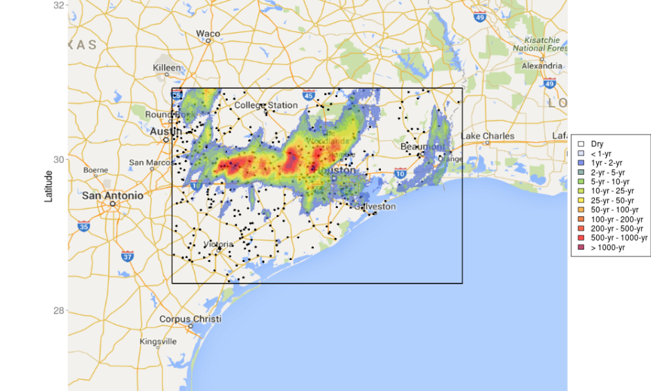 Preliminary 48-hour storm total precipitation in Houston from April 17 through April 19, 2016. Image: Metstat, Metstorm