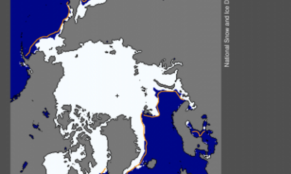 Arctic sea ice extent for February 25, 2015 was 14.54 million square kilometers (5.61 million square miles). The orange line shows the 1981 to 2010 median extent for that day. The black cross indicates the geographic North Pole. Sea Ice Index data. Credit: National Snow and Ice Data Center High-resolution image