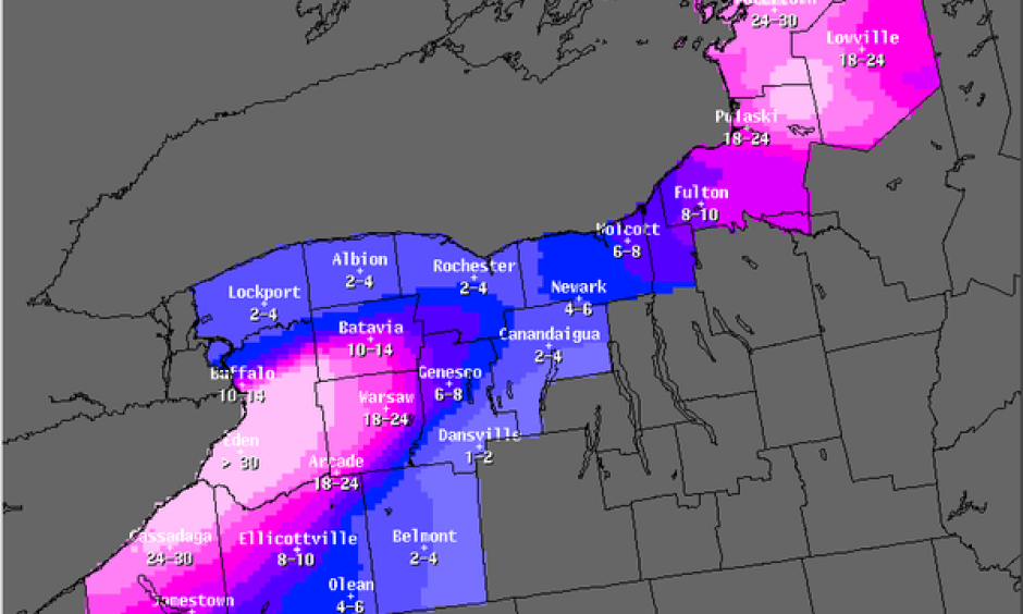 Storm snowfall total forecast in inches, Wednesday November 19. Image: National Weather Service