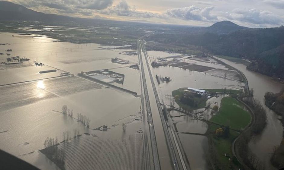 An image of the water-logged Sumas Prairie area taken last Friday. Photo: B.C. Ministry of Transportation/Twitter.
