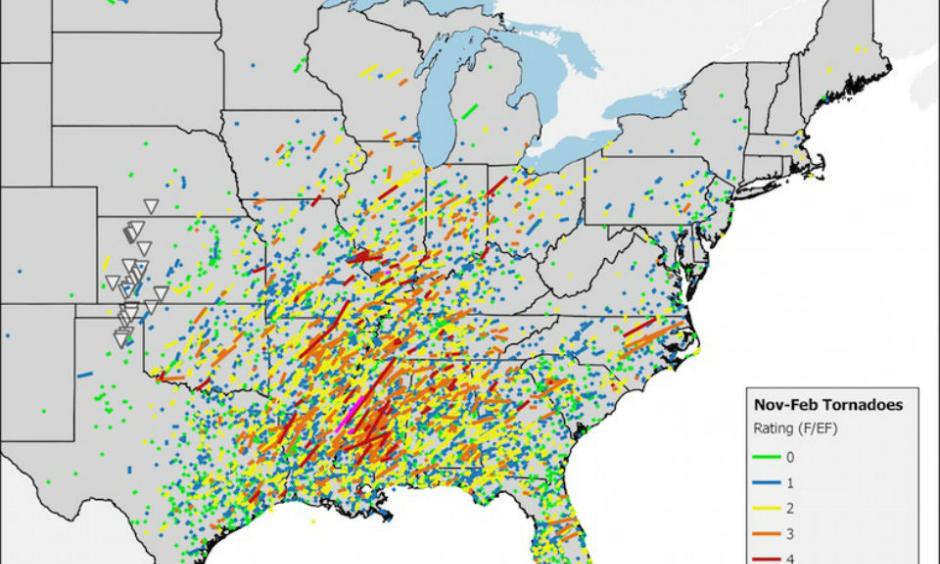 All tornadoes reported in the era of reliable records, from 1950 to 2014, during the months of November through February. Photo: Ian Livingston and ustornadoes.com