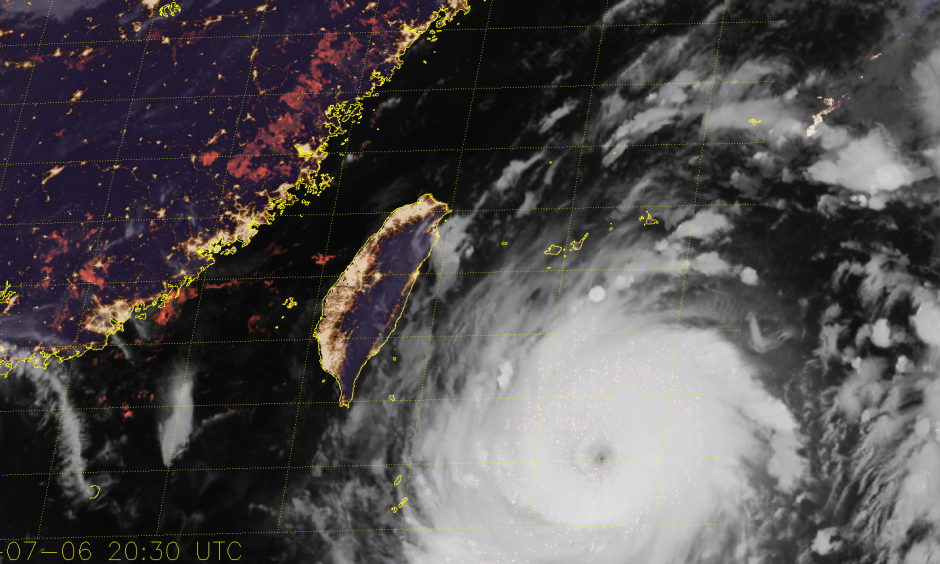 Here (above) is a late image from Himawari that also shows the city lights. Taiwan is heavily populated, but most people live on the west side of the Island. The bigger threat will be flooding rains in these areas. Image: Himawari