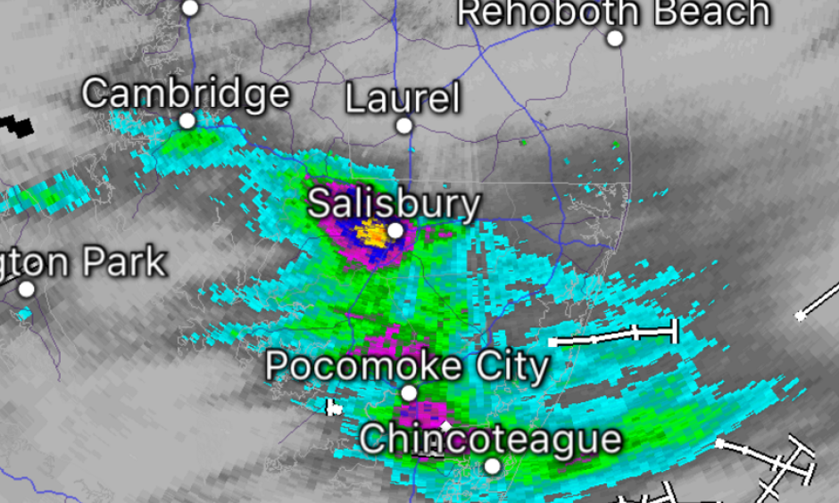 Radar Rainfall Estimate. The yellow area is over 6 inches of rain in Western Wicomico County of Maryland. Image: AGU Blog